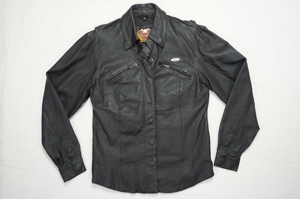 HARLEY DAVIDSON WOMEN S USED BLACK LEATHER SHIRT-STYLE JACKET W/SNAP BUTTONS
